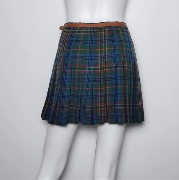 Ralph Lauren Skirt • 90s Wool Plaid • Wrap Mini • Leather Belt • Vtg Pleated - Picture 2 of 4